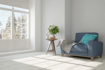 White room with armchair and winter landscape in window. Scandinavian interior design. 3D illustration