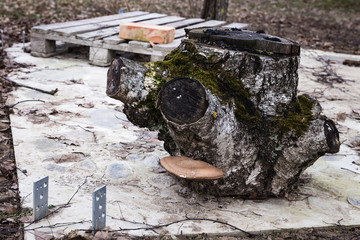 construction object started; wooden pallet and brick in a building site; old strain and wooden palette on concrete floor; Construction work.
