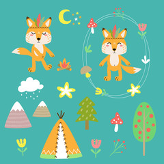 cheerful vector set of drawings of animal fox with decorative elements