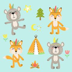 cheerful vector set of cartoon animal drawings with decorative elements