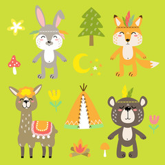 cheerful vector set of cartoon animal drawings with decorative elements