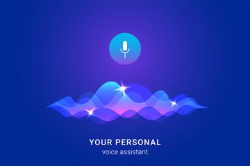 Personal assistant and voice recognition concept gradient vector illustration of soundwave intelligent technologies. Microphone button with bright voice and sound imitation waves