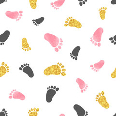 Seamless pattern with pink and golden baby footprints. Vector background.