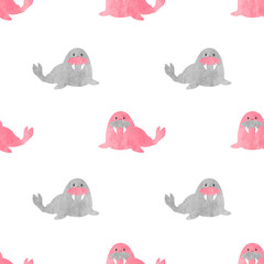 Seamless pattern with watercolor cute walrus for kids. Vector baby print.
