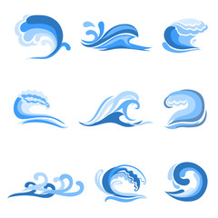 Fototapeta na wymiar Set of blue ocean and Sea waves isolated on white. Vector collection of water logo, swirls, nature symbols.