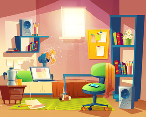Vector small room with mess, cartoon bedroom, dormitory with furniture. Student, pupil cozy apartment with bed, laptop, armchair, carpet, bookshelf, loudspeakers, fan board Architecture background