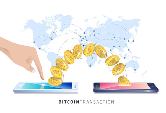 Bitcoin transaction. Hand with smartphones. Cryptocurrency. Vector isometric illustration.