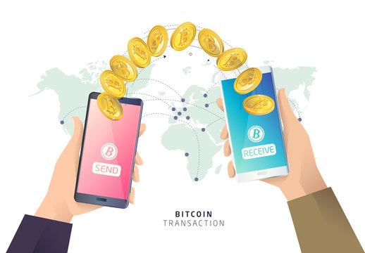 Bitcoin transaction. Hands with smartphones. Cryptocurrency. Vector isometric illustration.