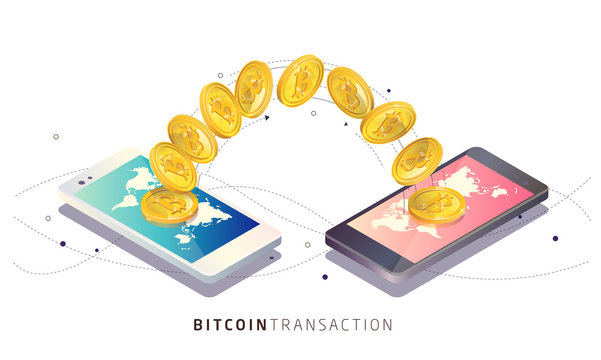 Bitcoin transaction. Smartphones. Cryptocurrency. Vector isometric illustration.