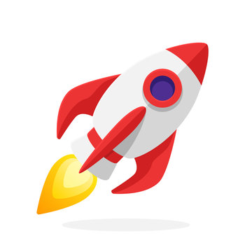 Flat vector illustration of rocket space ship with flame