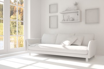 White room with sofa. Scandinavian interior design. 3D illustration