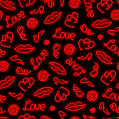 Seamless neon pattern. Love theme. Chaotic arrangement of elements.