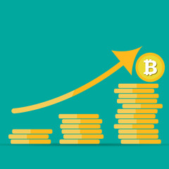 Bitcoin growth concept. Bitcoin revenue illustration. Stacks of gold coins like income graph with bitcoin. Vector illustration isolated on colored background