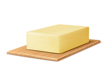 Vector realistic yellow stick of butter on the cutting board, margarine or spread, natural dairy product isolated on background. Fat, high-calorie food for cooking and eating. Mockup for your design