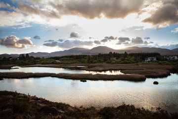 Sunset in Ireland Over Mountains and Lake