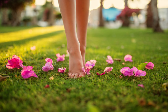 Close up female crossed legs walking on the grass,pink flowers on the grass