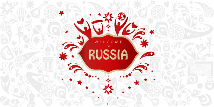 Welcome to Russia gold text on abstract dynamic background Invitation vector print, sports, competition, world, cup, award symbols, soccer ball, Russian folk art elements.