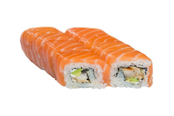 rolls, sushi lined on a white background, Japanese food, rice and fish, vegetables and wasabi
