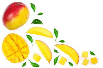 Mango fruit and slices decorated with leaves isolated on white background with copy space for your text. Top view