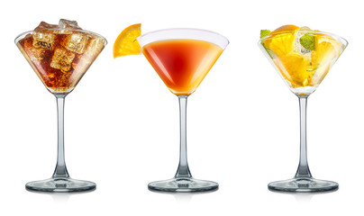 Set of cocktails or mocktail in martini glass with ice cubes, orange and mint isolated on white background. Clipping path