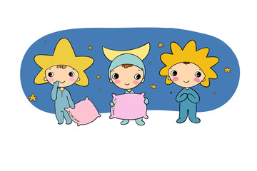 Boys gnome in the costumes of the moon, the sun and the star.