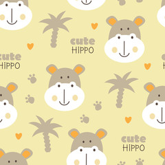 Cute hippo and palms seamless pattern