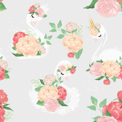 Cotton fabric Beautiful white swan princess with crowns and peony flowers floral bouquets seamless pattern