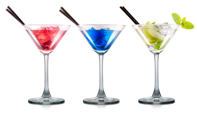 Set of cocktails in martini glass with black straw isolated on white background with clipping path