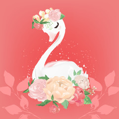 Beautiful white swan with floral bouquet of pink and beige peony (peonies) flowers