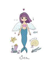 Cute cartoon little mermaid. Siren. Sea theme.