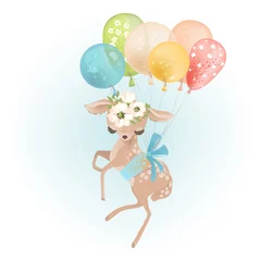 Fototapete Tiere mit Ballon Süßes Baby-Hirsch mit Blumenkranz und gebundener Schleife fliegt mit buntem Ballon, Schmetterlingen und Blumen