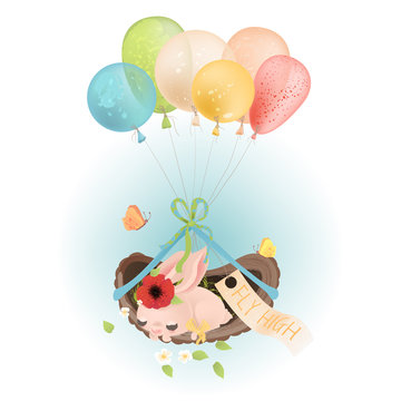 Cute baby bunny in a hollow flying with colorful balloons with tied bow, butterflies and flowers