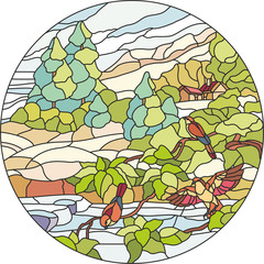 stained glass bird forest