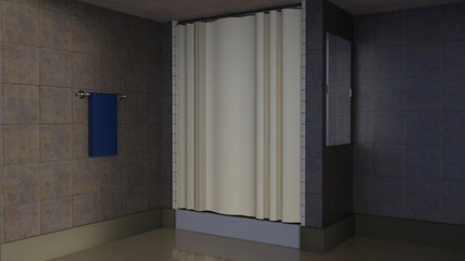 view of the bathroom from the inside in daylight. With a closed curtain. Mirror