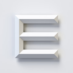 Letter E, square three dimensional font, white, simple, geometric, casting shadow on the background wall, 3d rendering