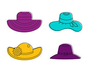 Woman hat icon set, color outline style