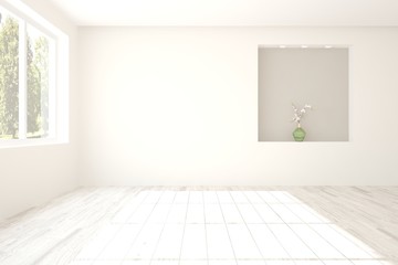 White empty room with summer landscape in window. Scandinavian interior design. 3D illustration