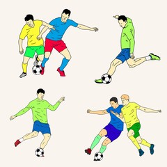 Set of soccer player kicking ball in motion. Vector illustration.