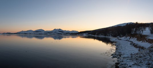 Mirror-like reflections in a Norwegian fjord near Tromsø, Norway