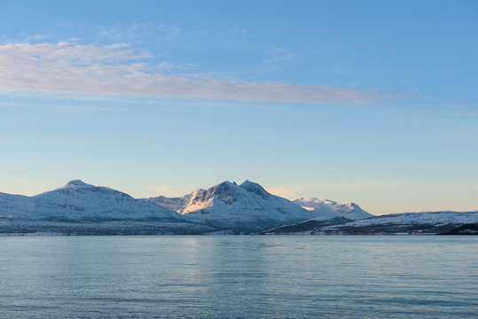 Bright landscapes taken from the waters of the Fjords around Tromsø, Norway