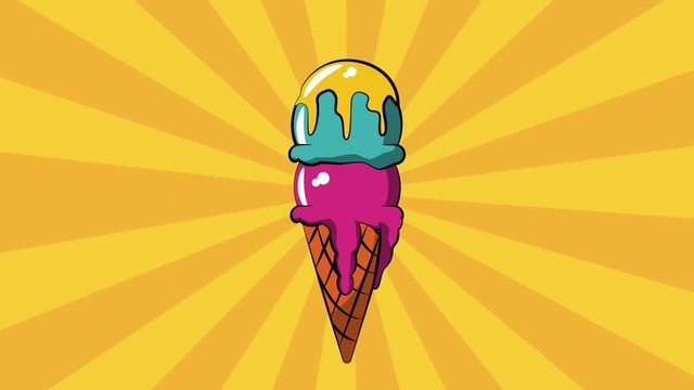 Pop art ice cream cone ocer striped yellow background High definition animation colorful scenes