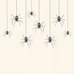 Fotobehang Surrealisme Illustratie-schets van veel zwarte spinnen getekend in zwart porselein bungelend geïsoleerd op een lichtgele bladachtergrond