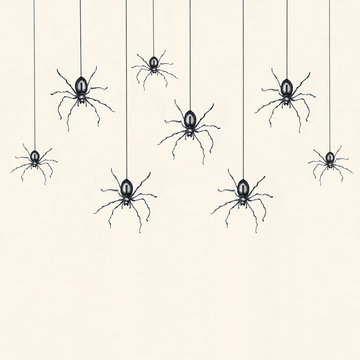 Illustration-sketch of many black spiders drawn in black china dangling isolated on a light yellow sheet background