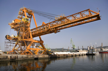 Fototapeta na wymiar Big industrial crane at a harbor 