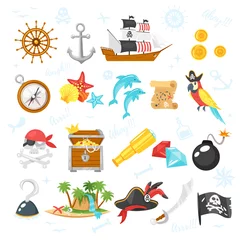 Fotobehang Piraten set piraten avontuur iconen