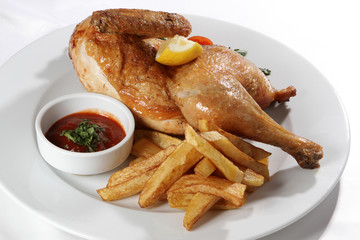 roasted chicken with fries potato and sauce