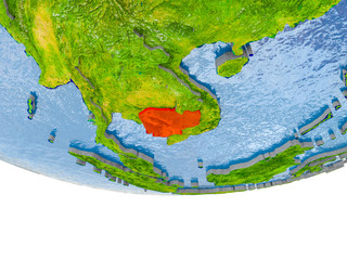 Cambodia in red on Earth model