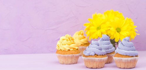 Cupcakes decorated with yellow and violet cream and bouquet of chrysanthemums on violet pastel background with text area for greeting banner.