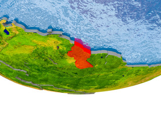 Guyana in red on Earth model