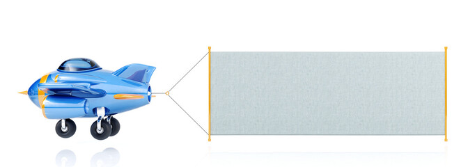 Cartoon airplane flying with long fabric banner, 3D rendering